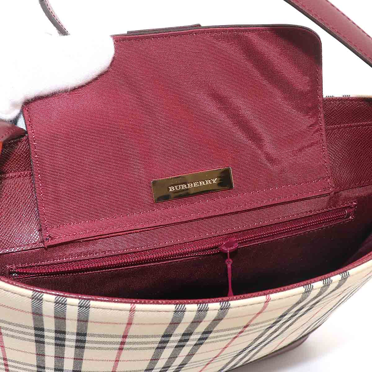 Plaid Shoulder Bag Canvas Leather Beige Bordeaux Purse