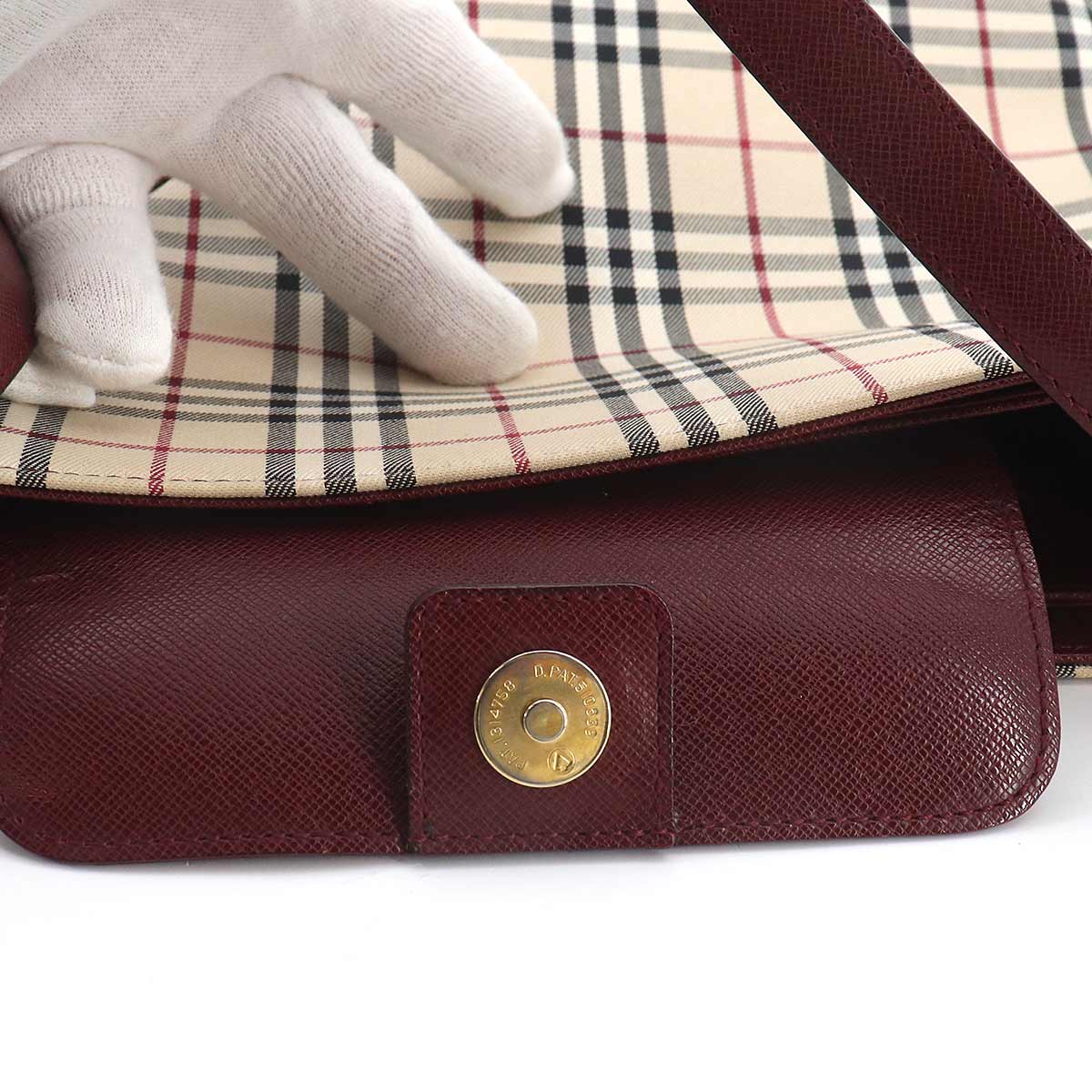 Plaid Shoulder Bag Canvas Leather Beige Bordeaux Purse