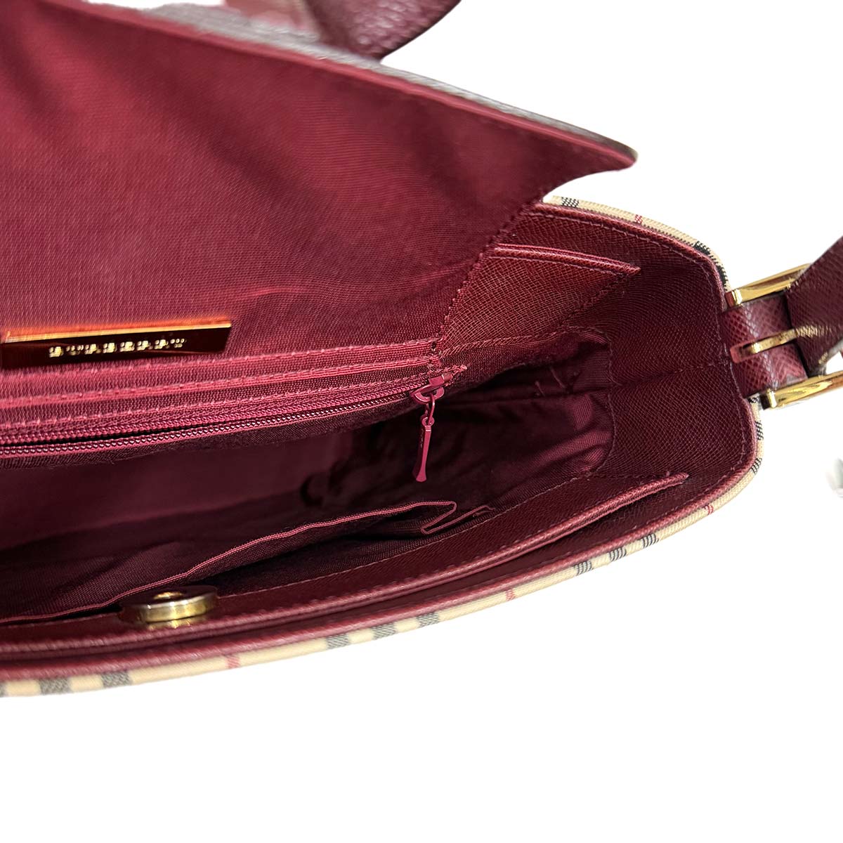 Plaid Shoulder Bag Canvas Leather Beige Bordeaux Purse