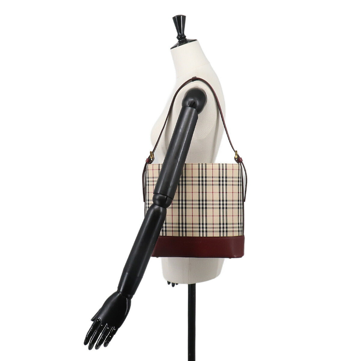 Plaid Shoulder Bag Canvas Leather Beige Bordeaux Purse
