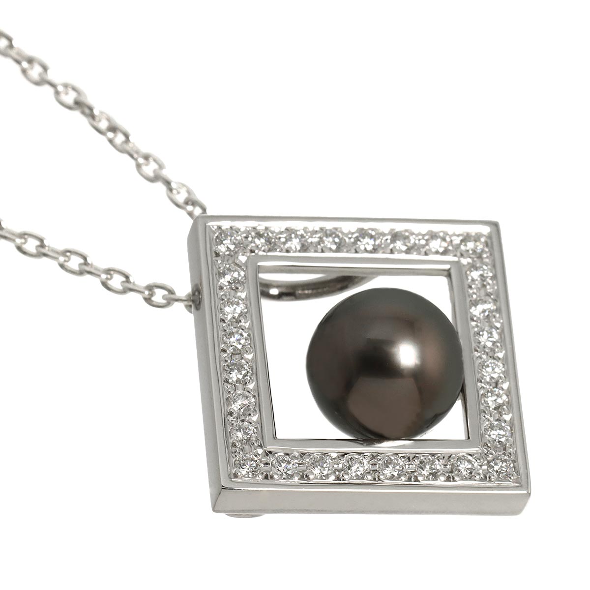 Black Pearl 8.5mm Diamond Necklace 18K White Gold 750