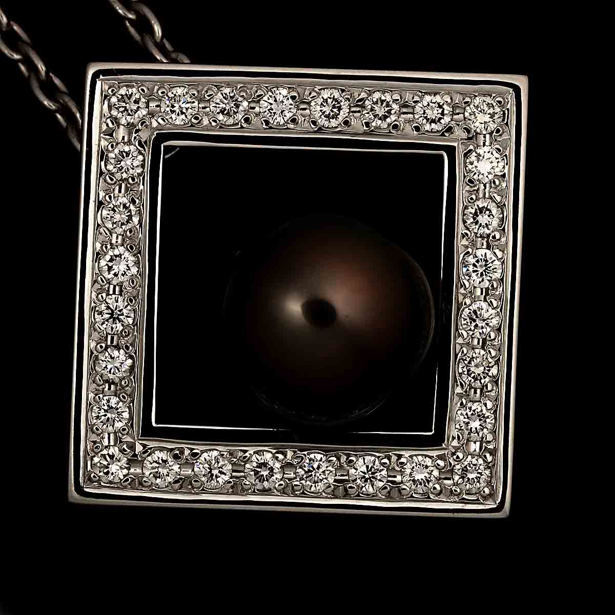 Black Pearl 8.5mm Diamond Necklace 18K White Gold 750
