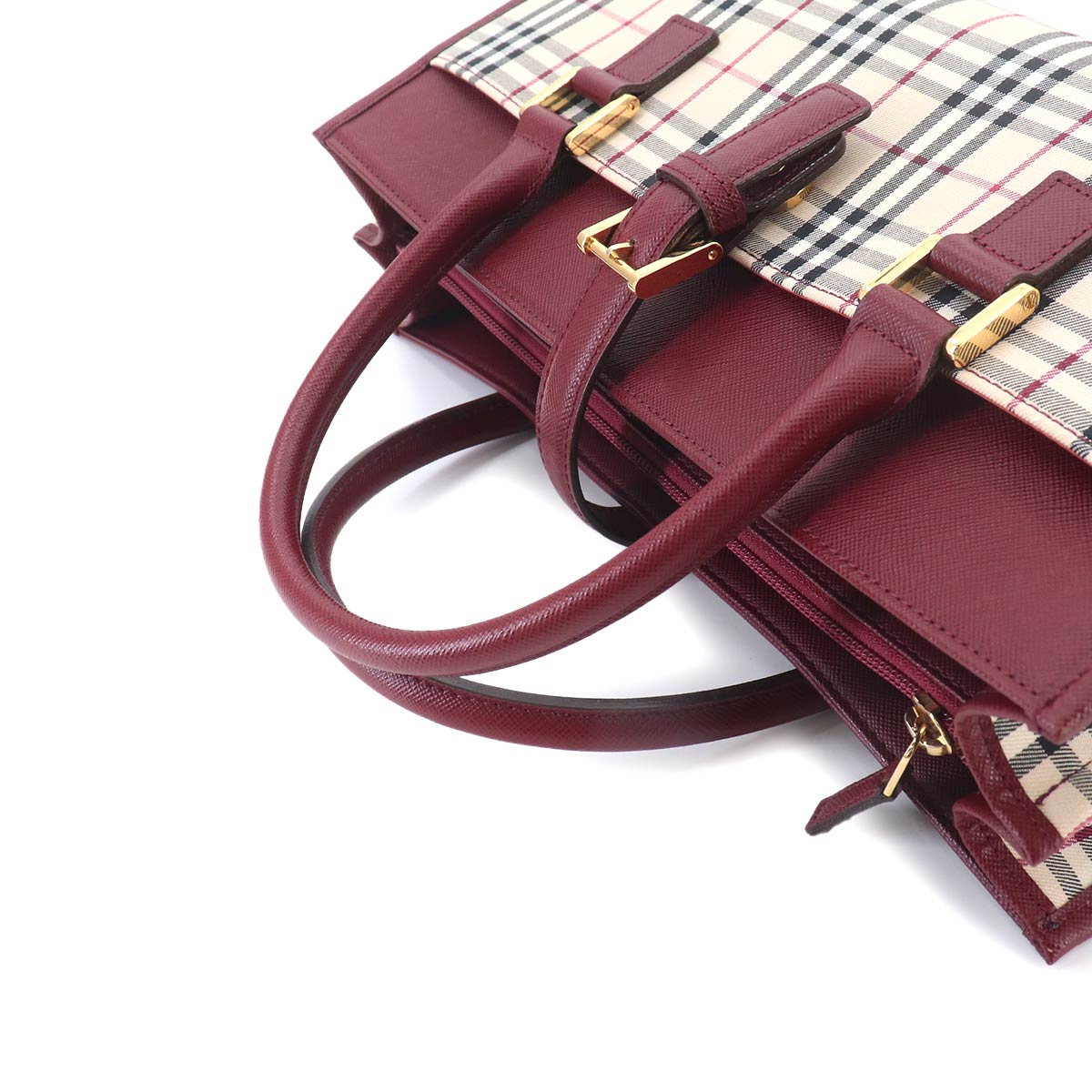 Plaid Hand Bag Canvas Leather Beige Bordeaux Purse