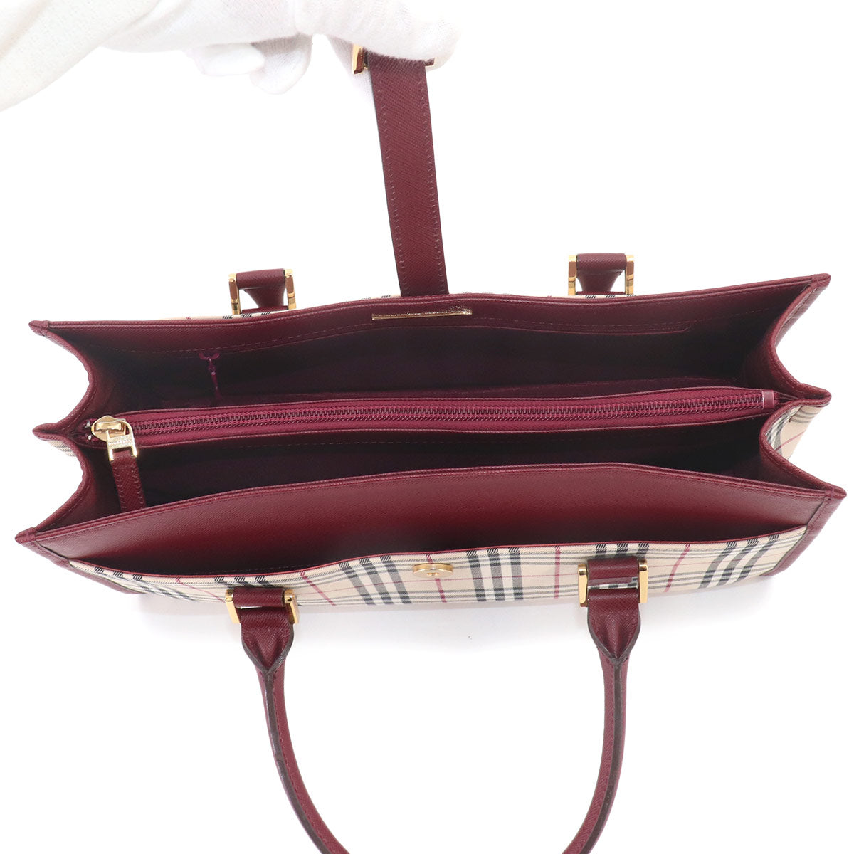 Plaid Hand Bag Canvas Leather Beige Bordeaux Purse
