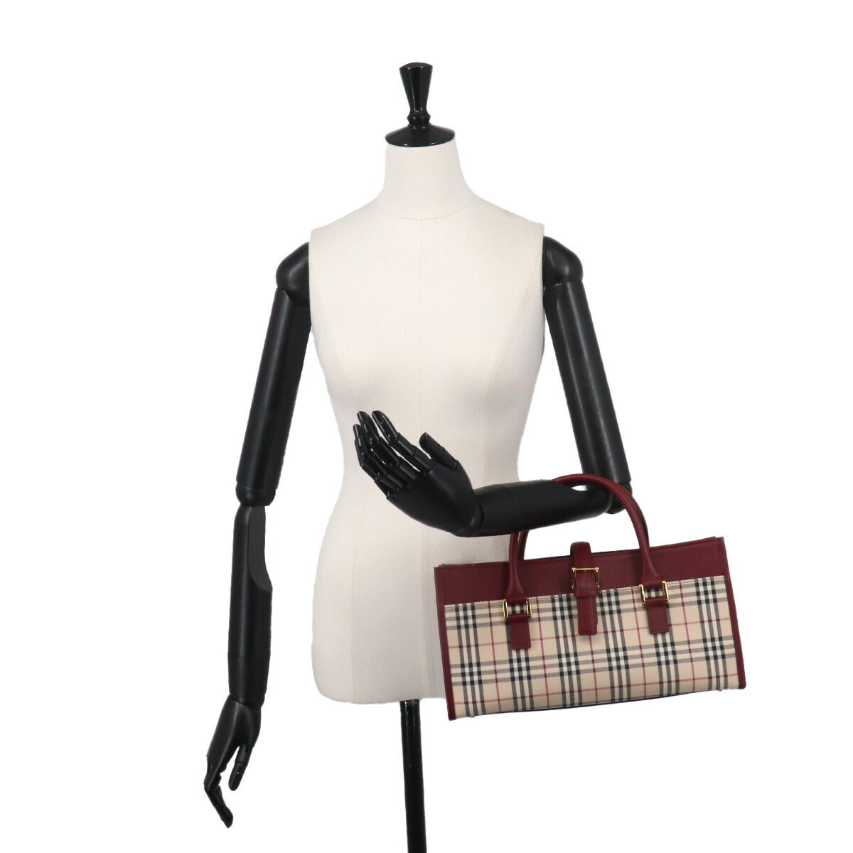 Plaid Hand Bag Canvas Leather Beige Bordeaux Purse