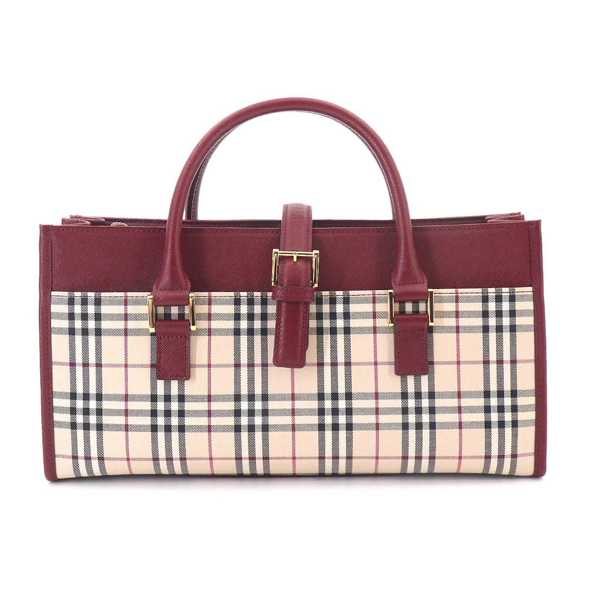 Plaid Hand Bag Canvas Leather Beige Bordeaux Purse