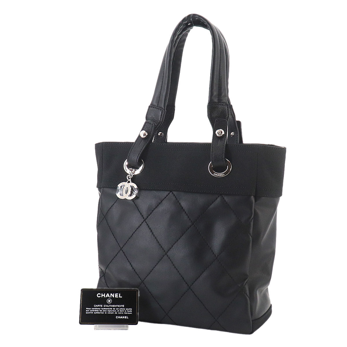 Paris Biarritz PM Tote Bag PVC Nylon Leather Black A34208 Purse