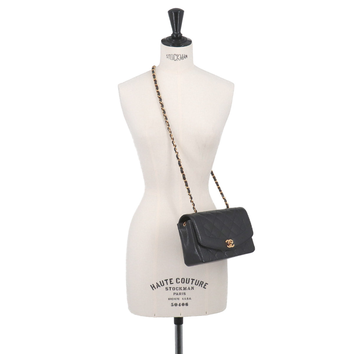Diana Matelasse 22 Chain Shoulder Bag Leather Black