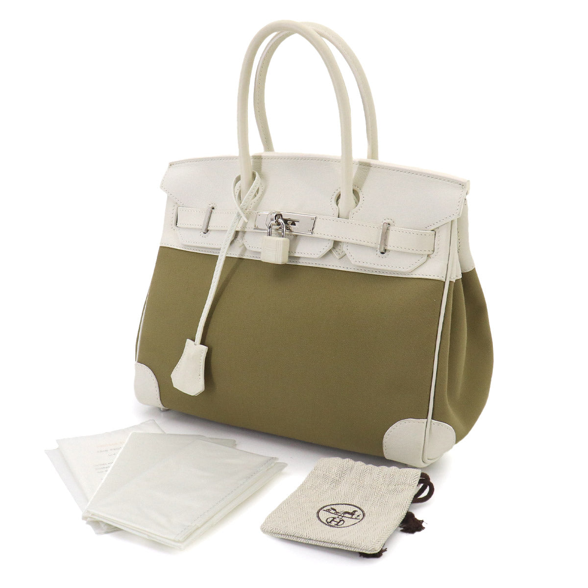 Birkin 30 Hand Bag Toile Officier Swift Khaki White
