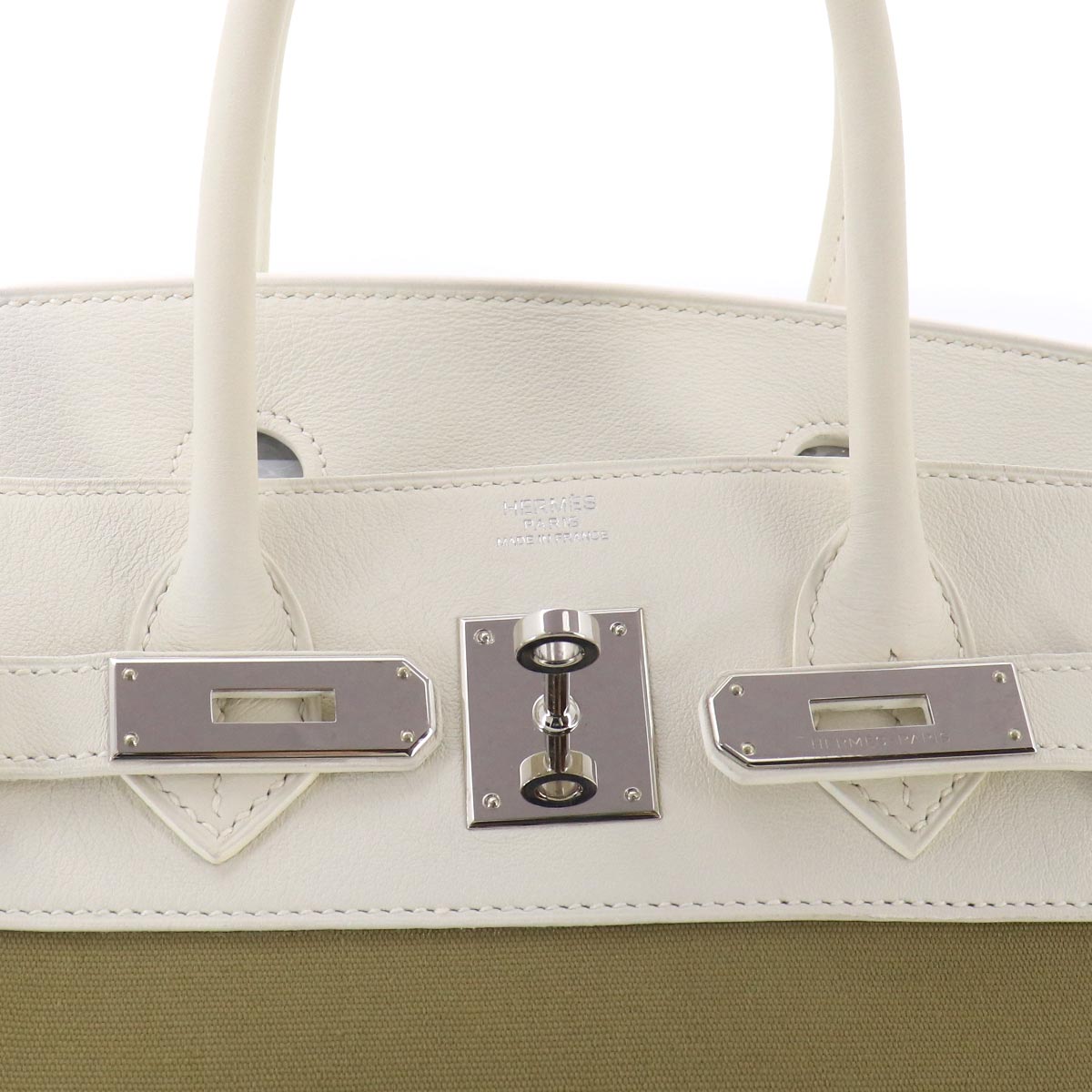 Birkin 30 Hand Bag Toile Officier Swift Khaki White