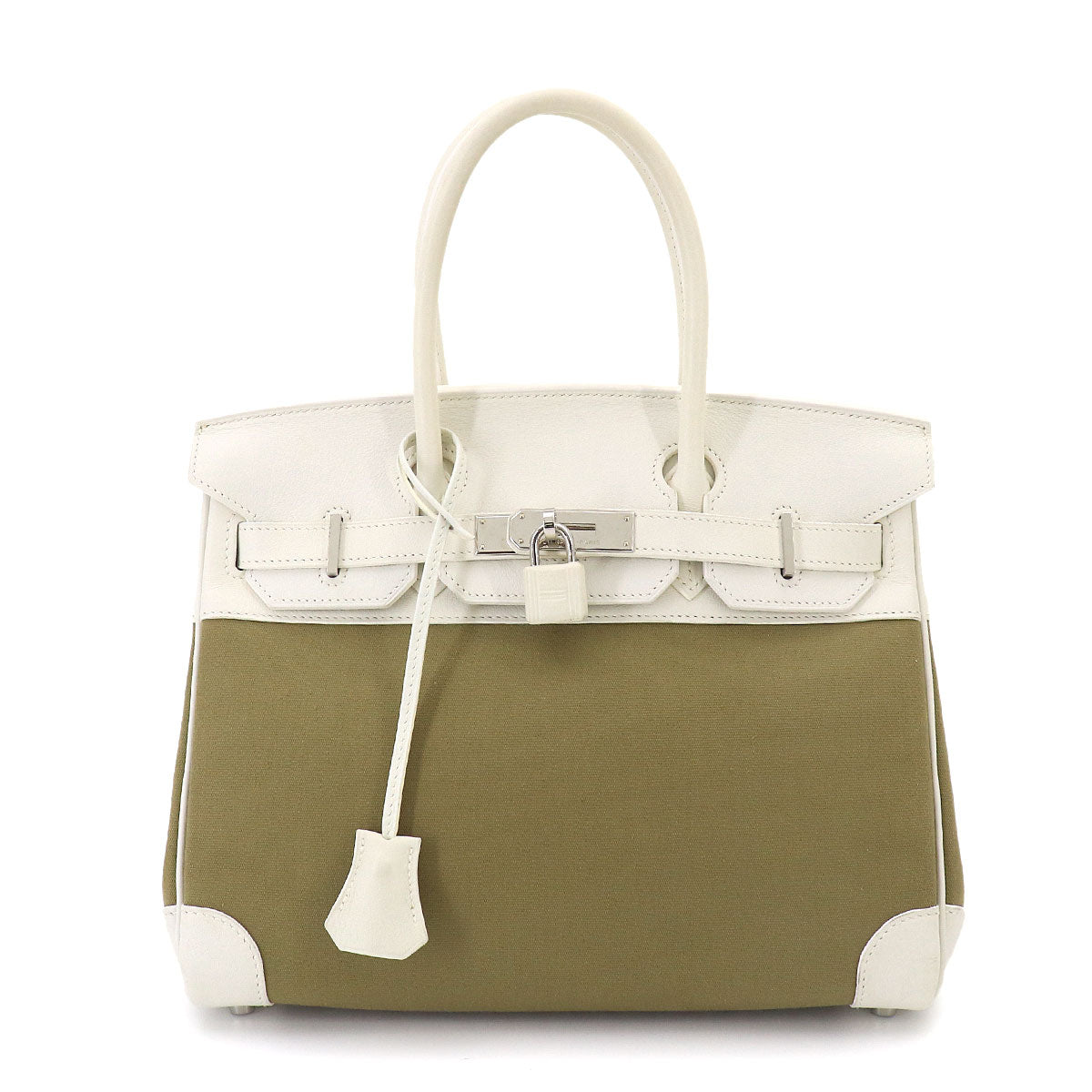 Birkin 30 Hand Bag Toile Officier Swift Khaki White