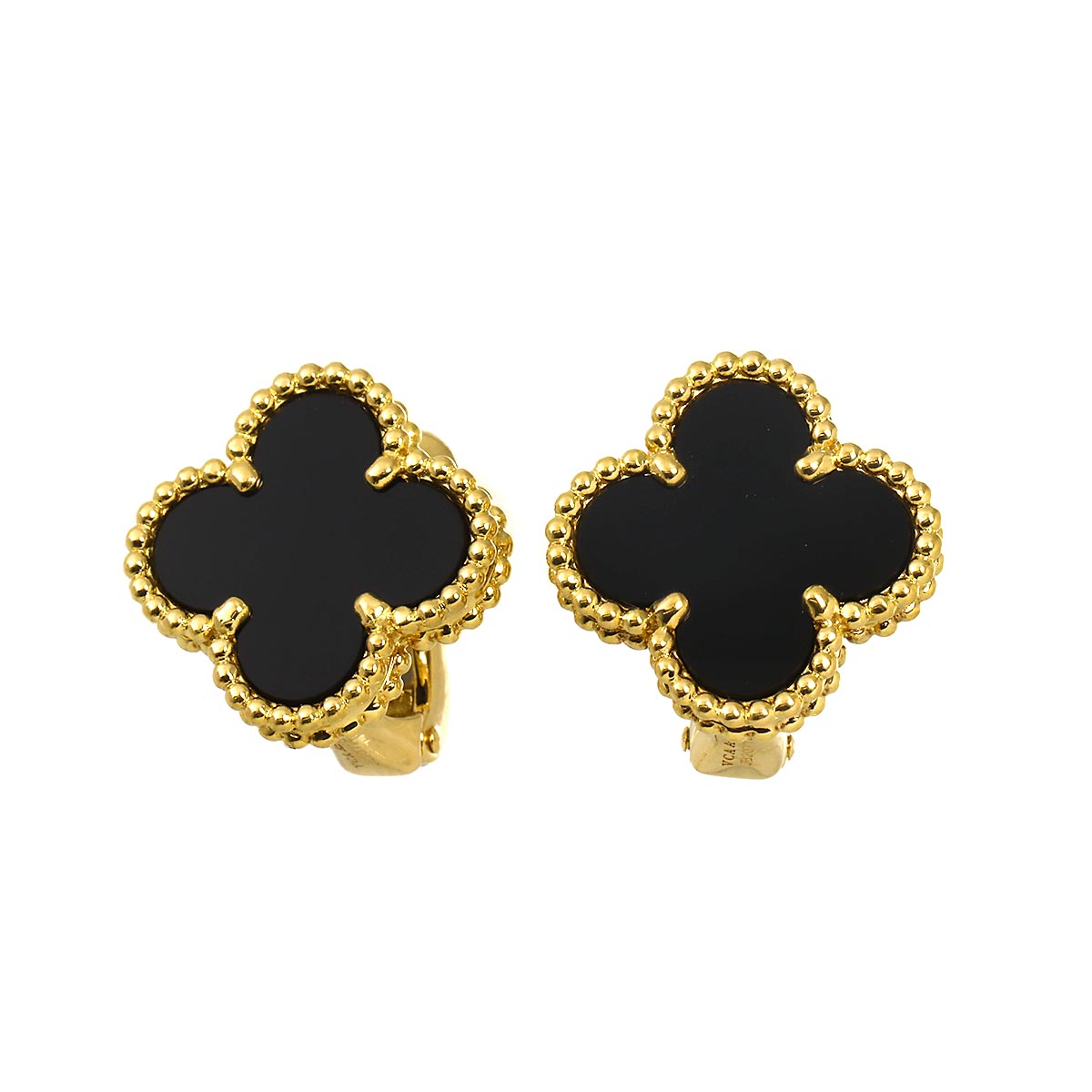 Vintage Alhambra Onyx Earrings Pierced 18K YG 750