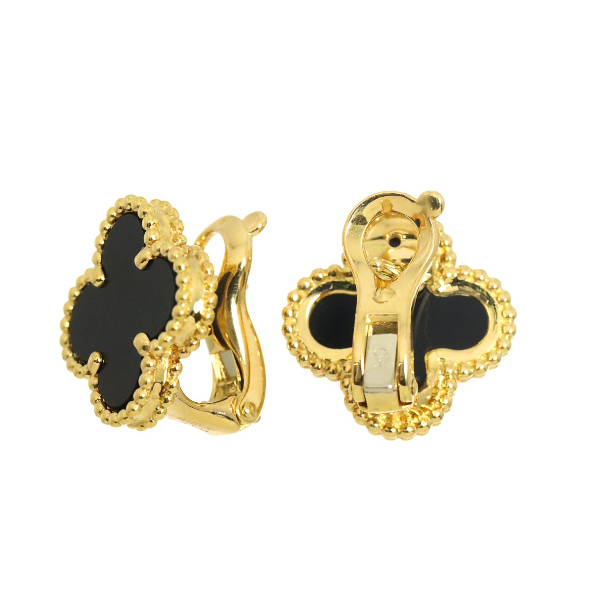 Vintage Alhambra Onyx Earrings Pierced 18K YG 750