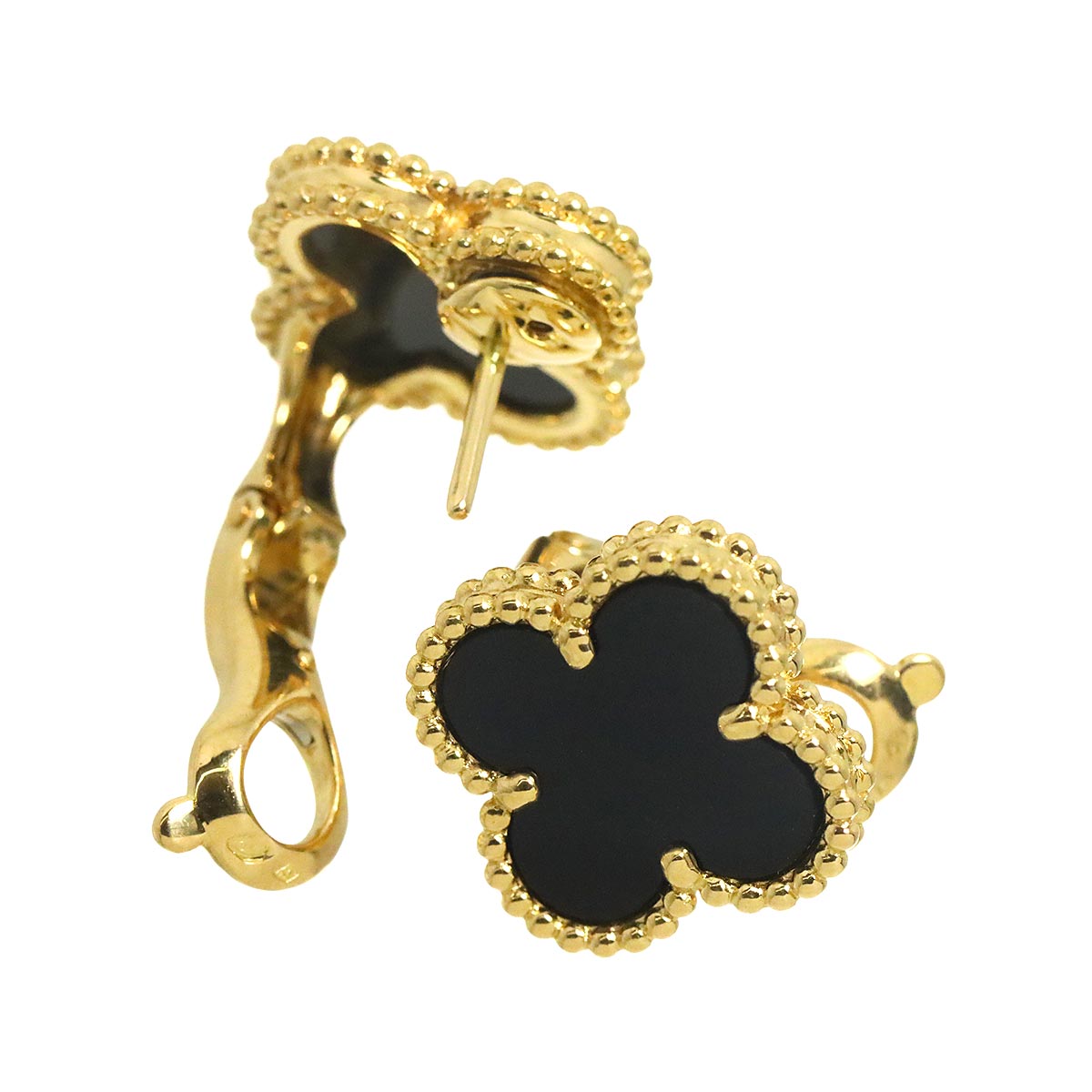Vintage Alhambra Onyx Earrings Pierced 18K YG 750