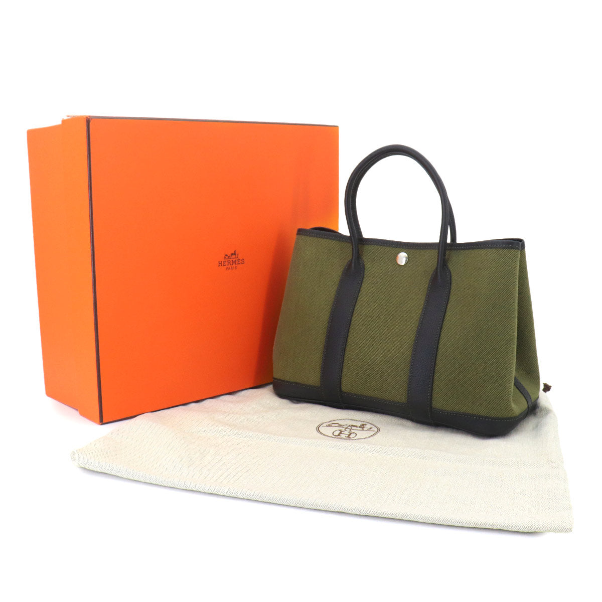 Garden Party TPM Tote Bag Toile H Leather Khaki Black