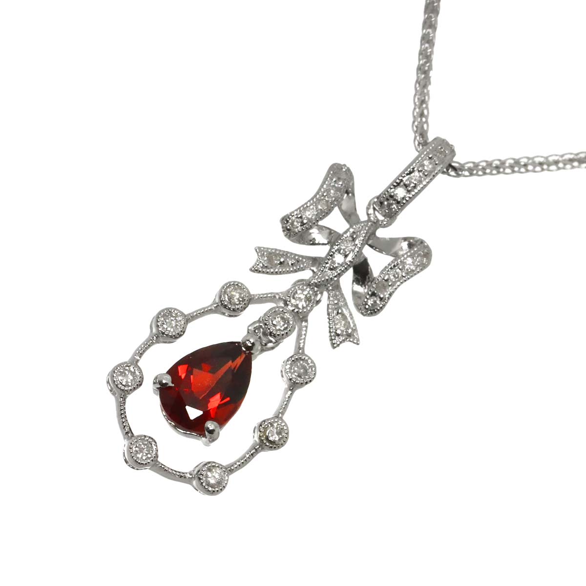 Garnet 0.65ct Diamond 0.10ct Necklace 18K 18K White Gold 750