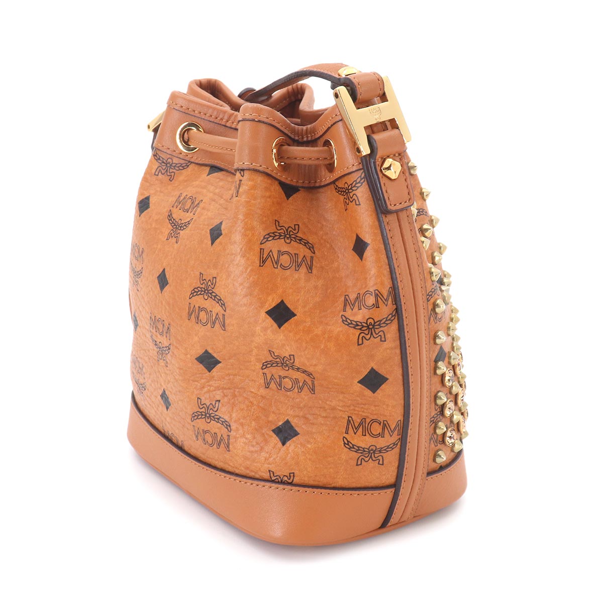 Visetos Monogram Drawstring Shoulder Bag PVC Leather Brown Studs