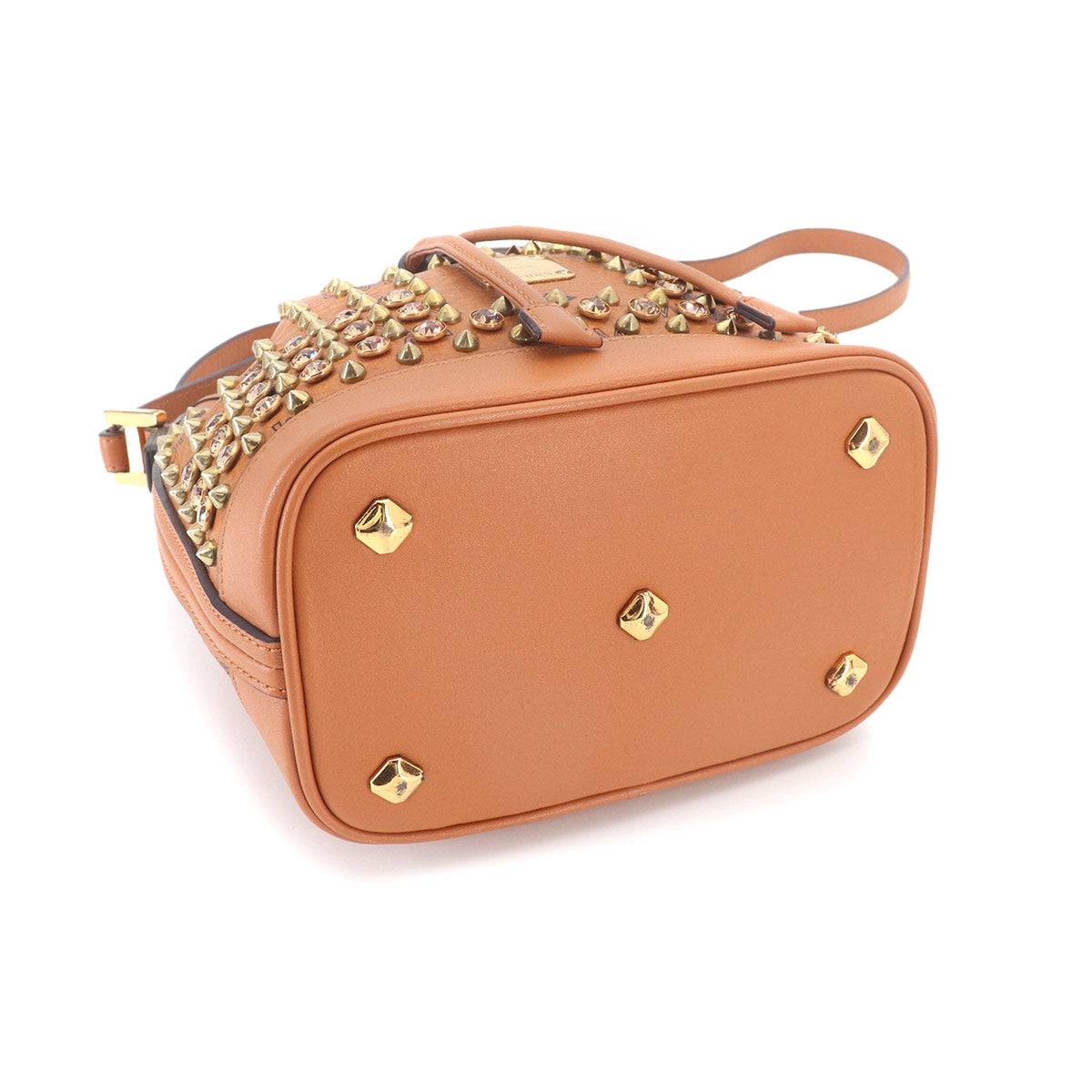 Visetos Monogram Drawstring Shoulder Bag PVC Leather Brown Studs