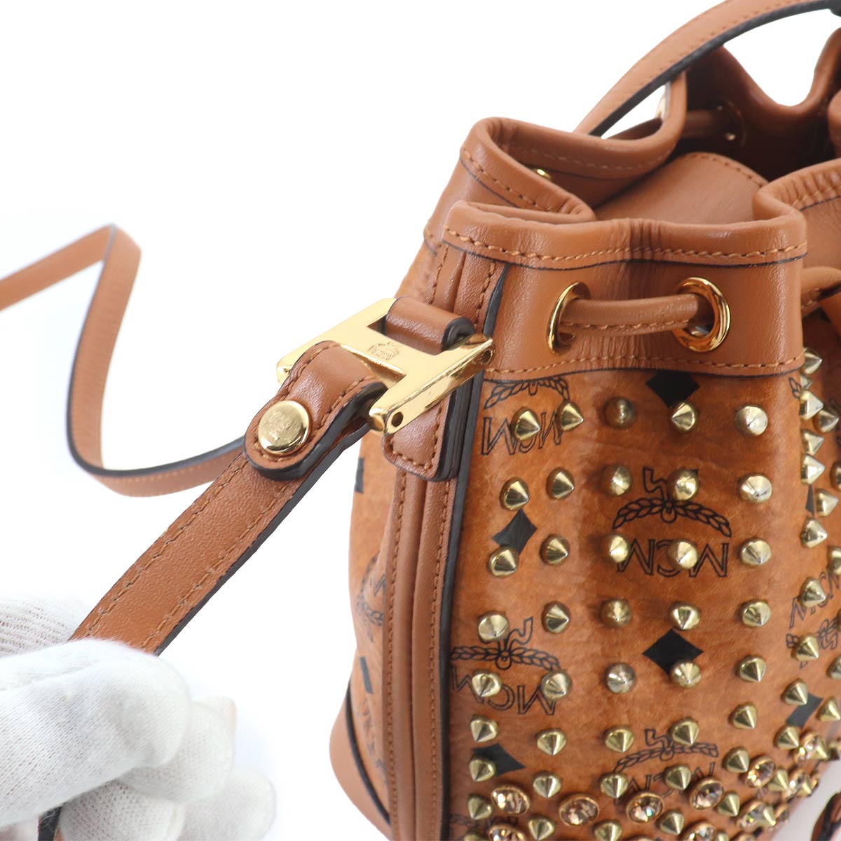 Visetos Monogram Drawstring Shoulder Bag PVC Leather Brown Studs