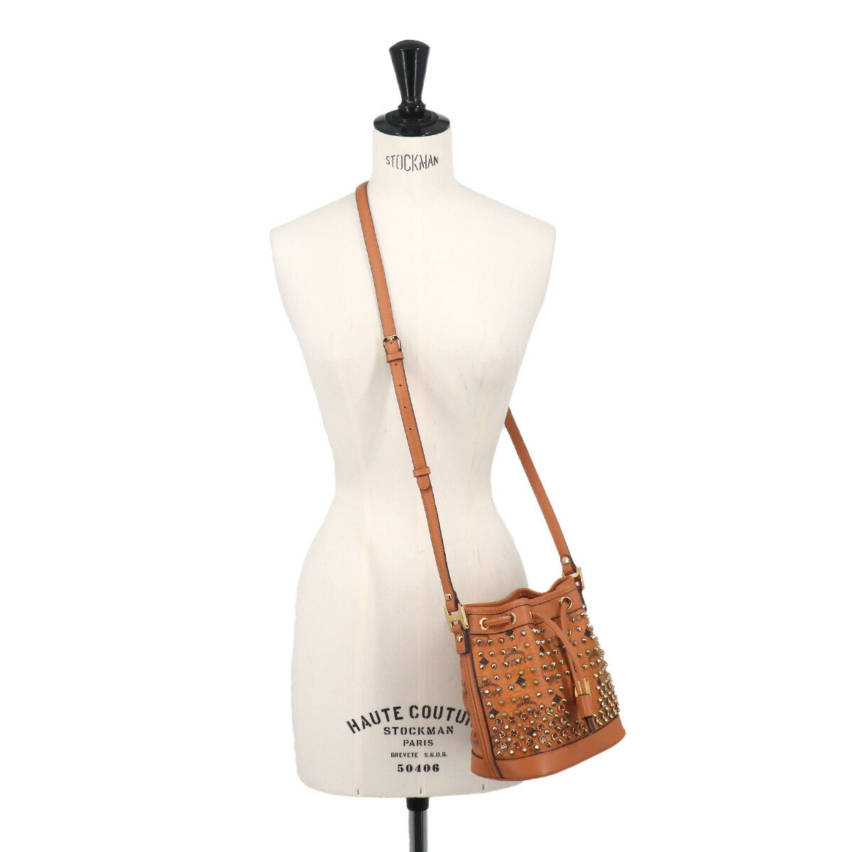 Visetos Monogram Drawstring Shoulder Bag PVC Leather Brown Studs