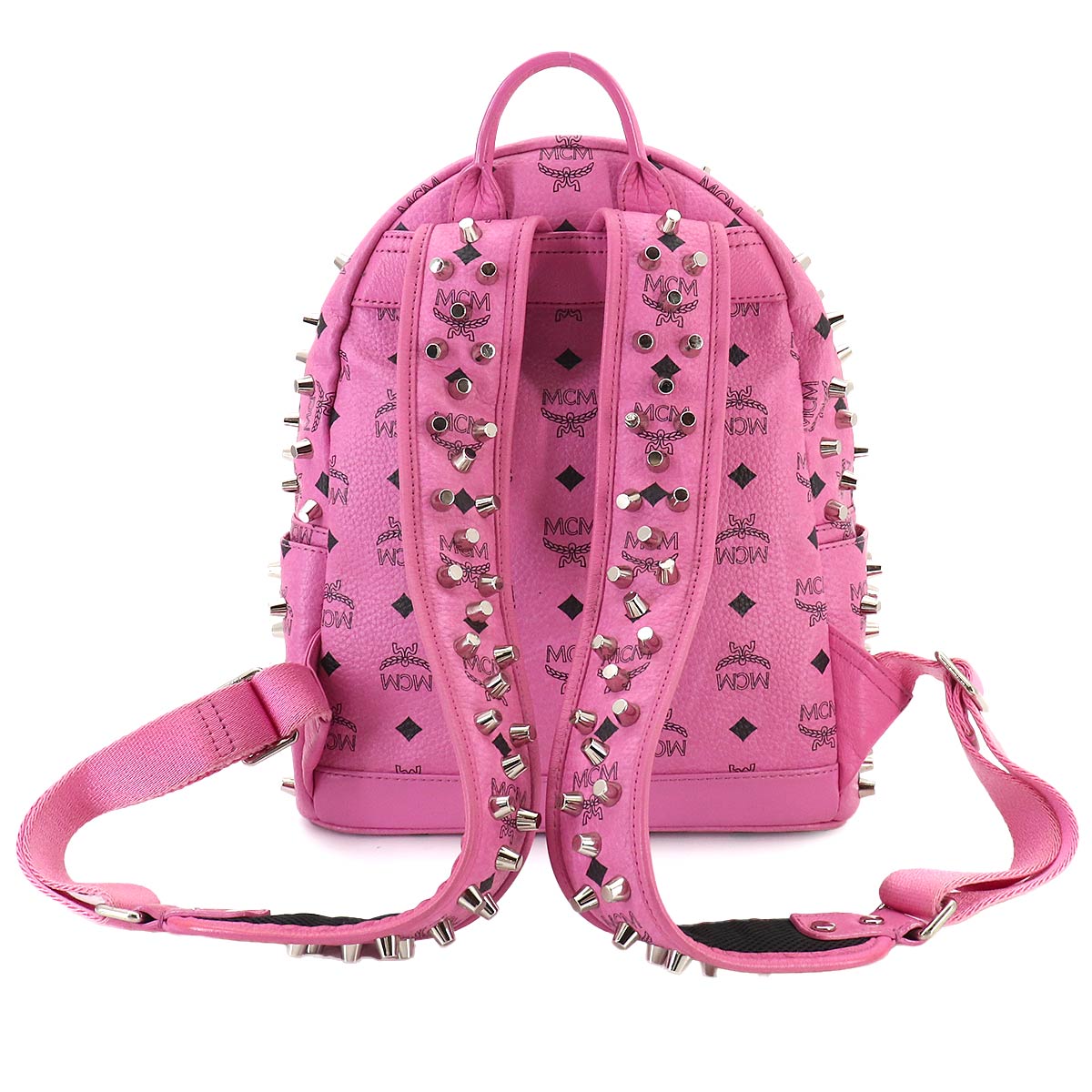 Studs Back Pack Leather Pink Black