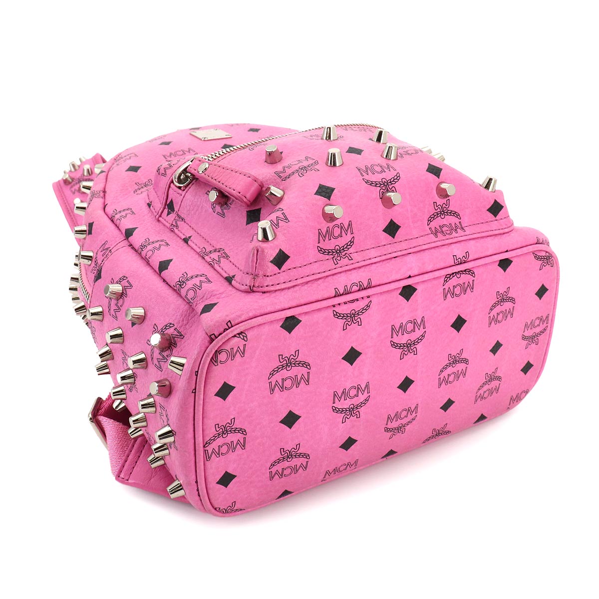 Studs Back Pack Leather Pink Black