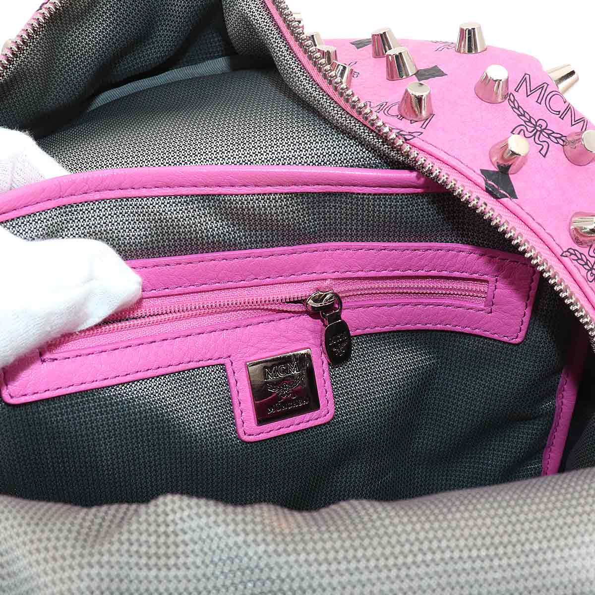 Studs Back Pack Leather Pink Black