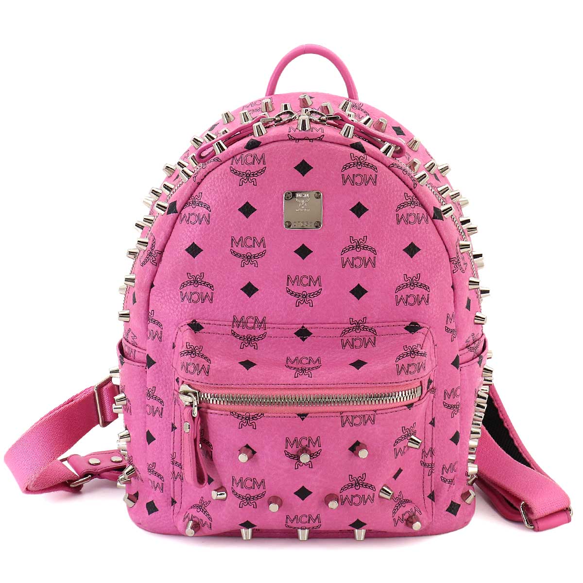 Studs Back Pack Leather Pink Black