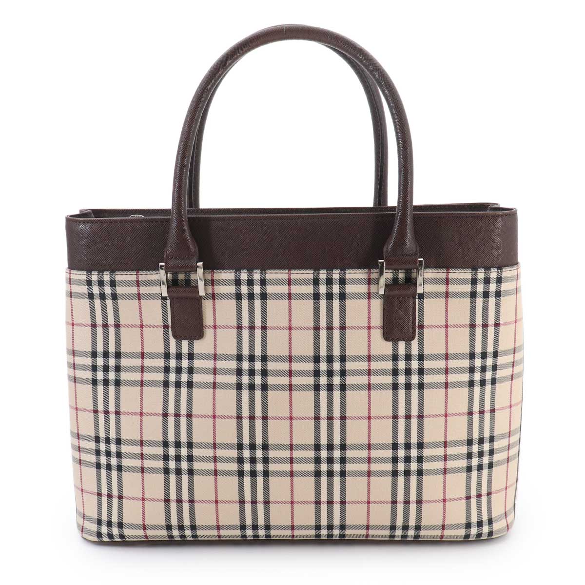 Plaid Hand Bag Canvas Leather Beige Dark brown Purse