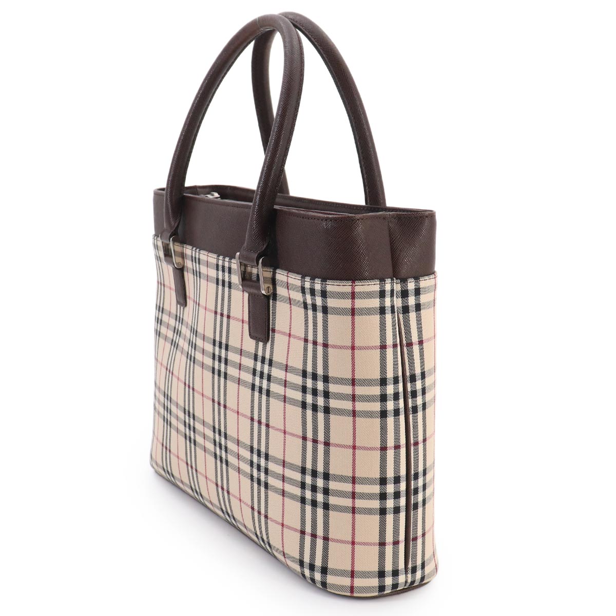 Plaid Hand Bag Canvas Leather Beige Dark brown Purse
