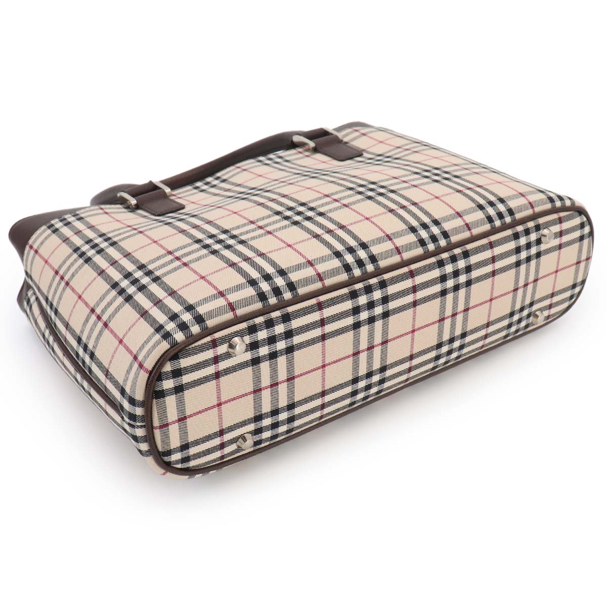 Plaid Hand Bag Canvas Leather Beige Dark brown Purse