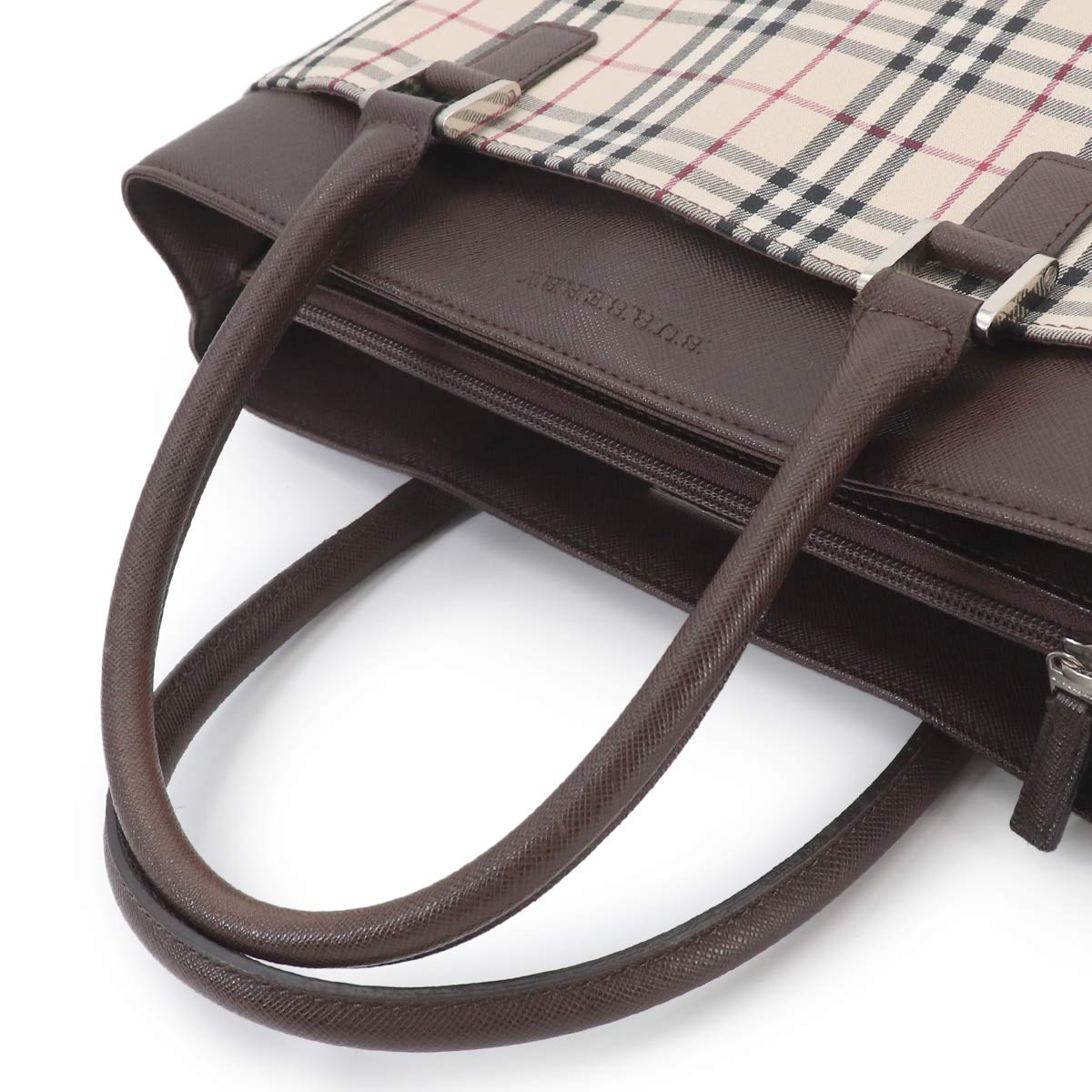 Plaid Hand Bag Canvas Leather Beige Dark brown Purse
