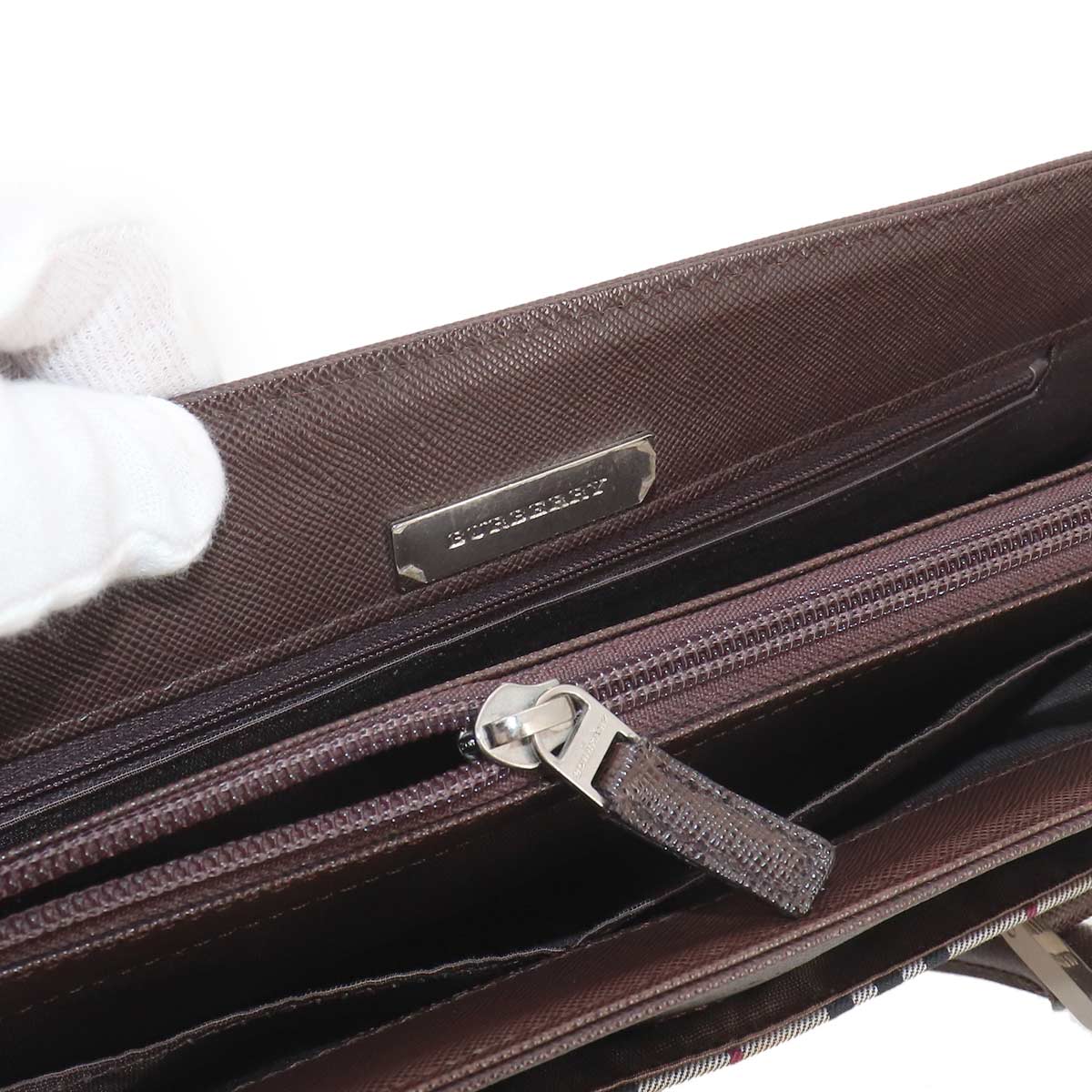 Plaid Hand Bag Canvas Leather Beige Dark brown Purse