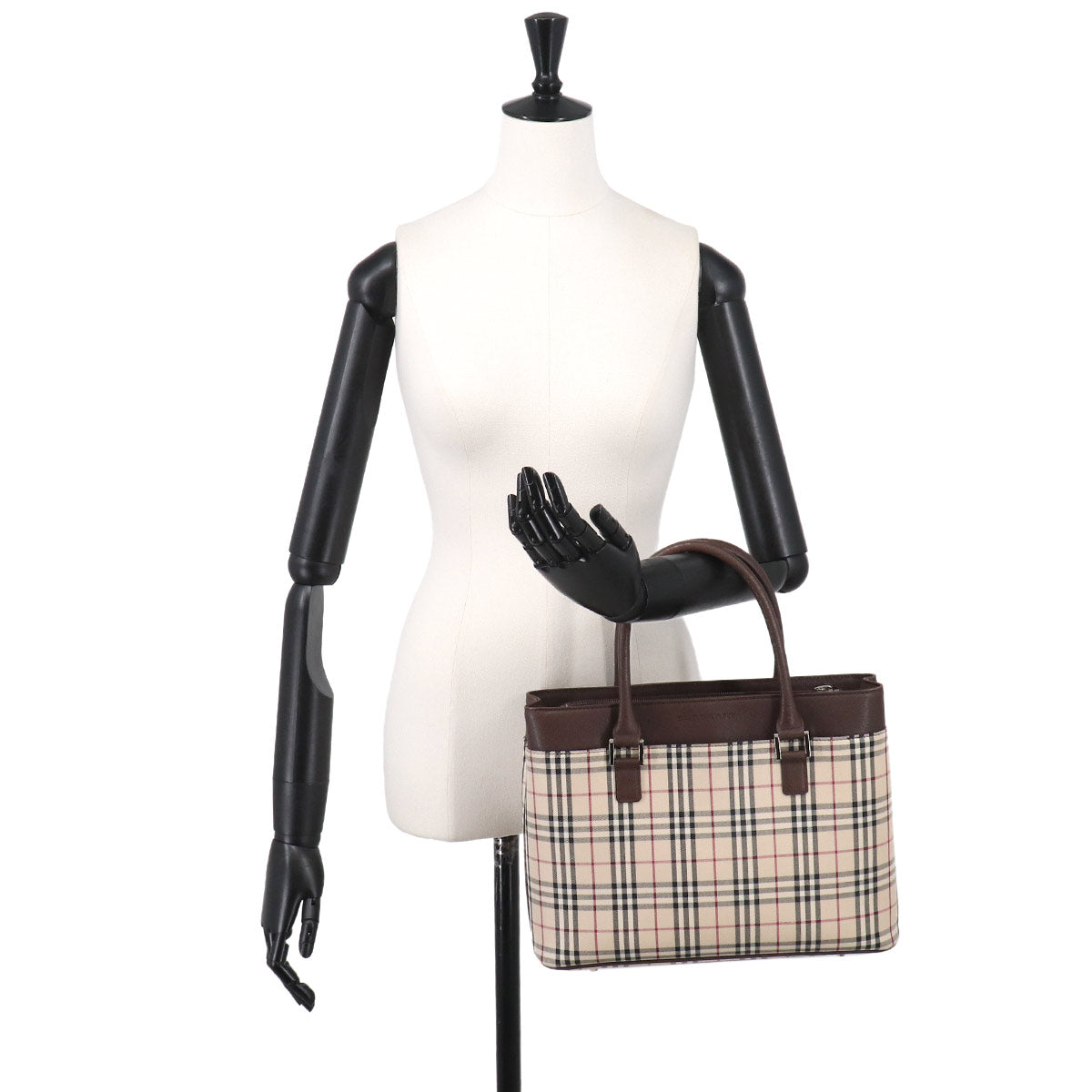 Plaid Hand Bag Canvas Leather Beige Dark brown Purse