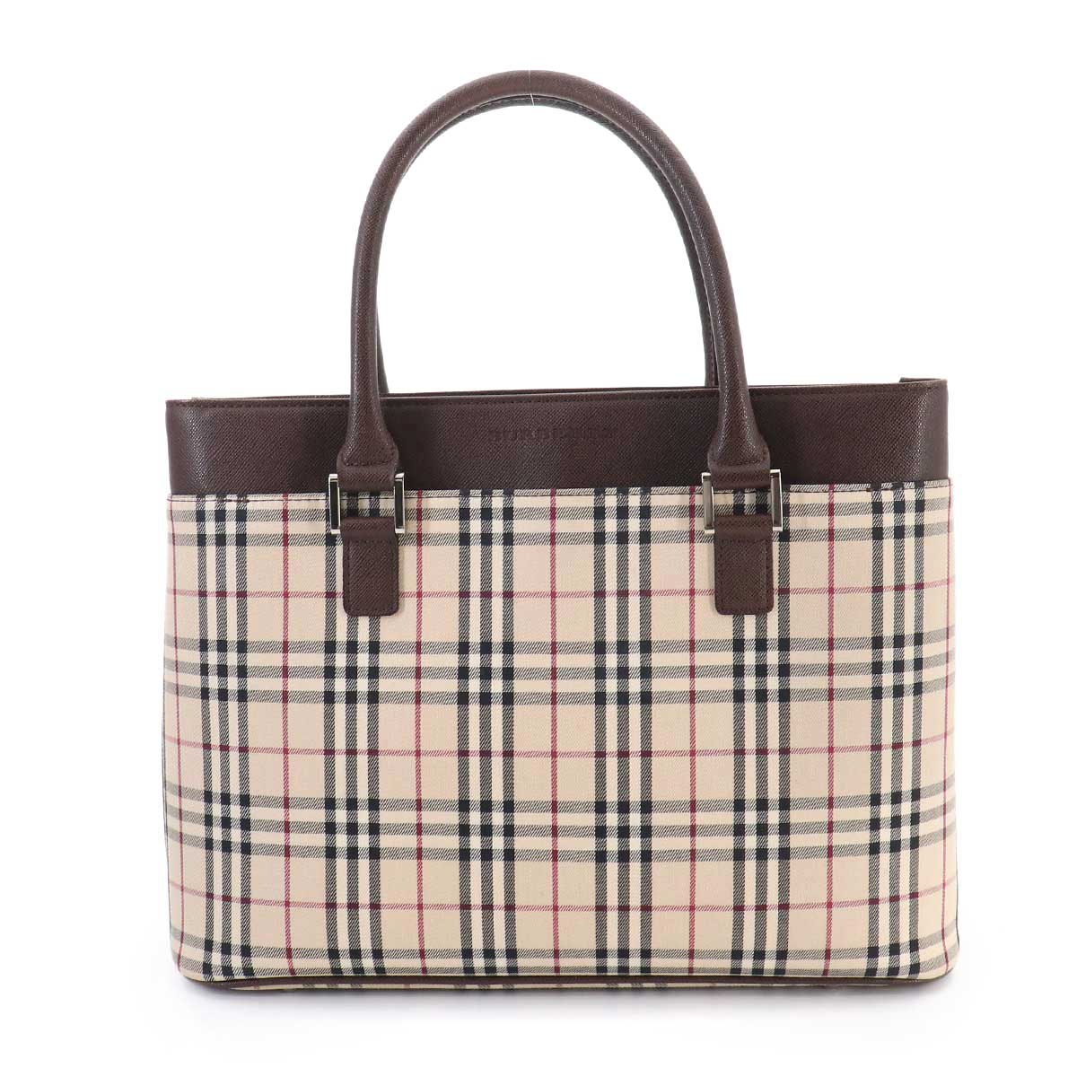 Plaid Hand Bag Canvas Leather Beige Dark brown Purse