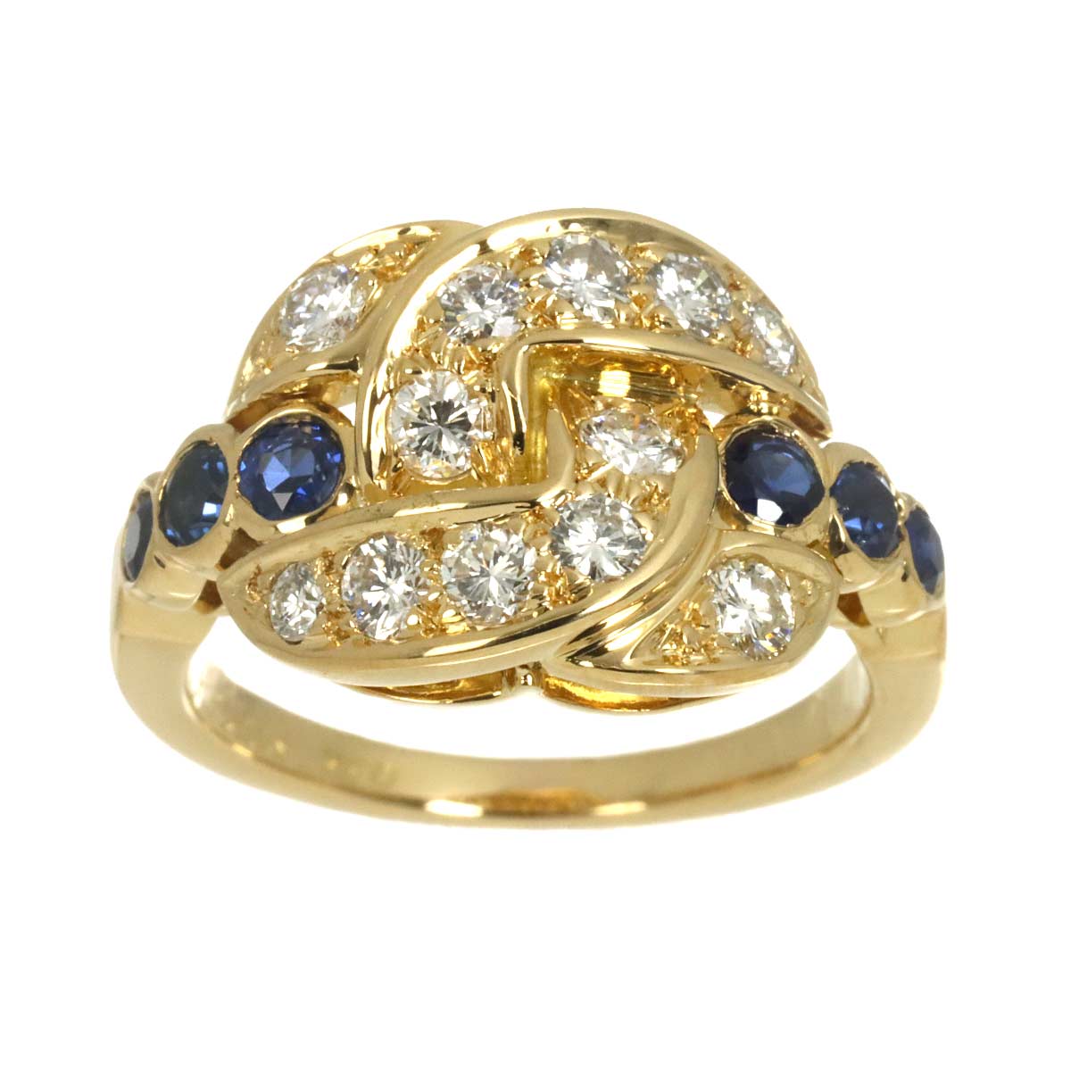 Diamond Sapphire Ring 18K Yellow Gold 750 size5.25(US)