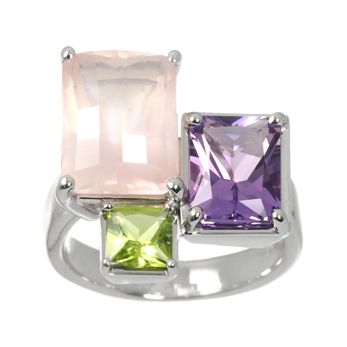 Quartz Amethyst Peridot Ring 18K WG 750 Size6.75(US)