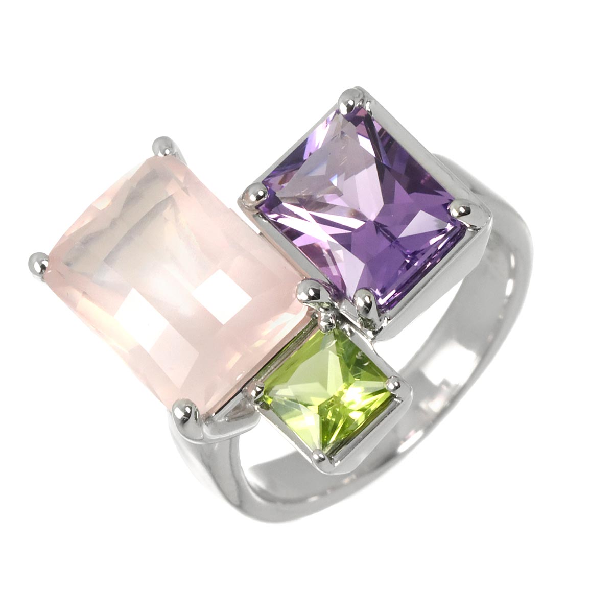 Quartz Amethyst Peridot Ring 18K WG 750 Size6.75(US)