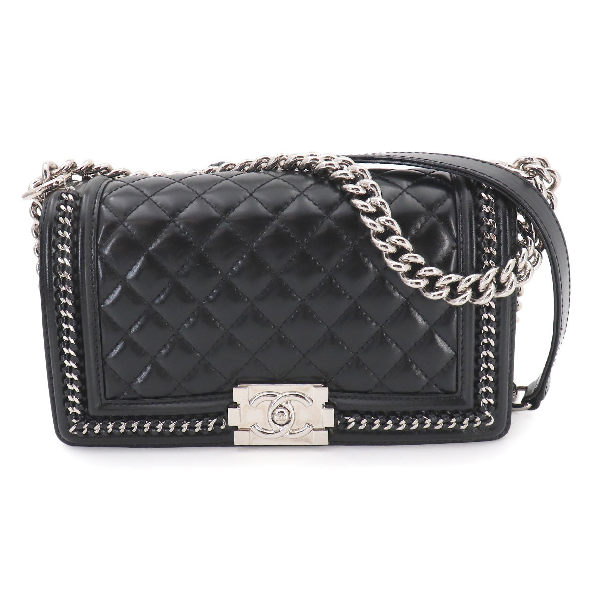 BOY CHANEL Chain Shoulder Bag Leather Black Purse