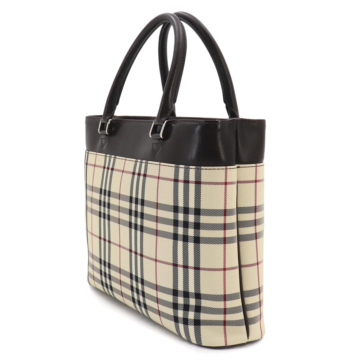 Plaid Tote Bag Canvas Leather Beige Brown Purse