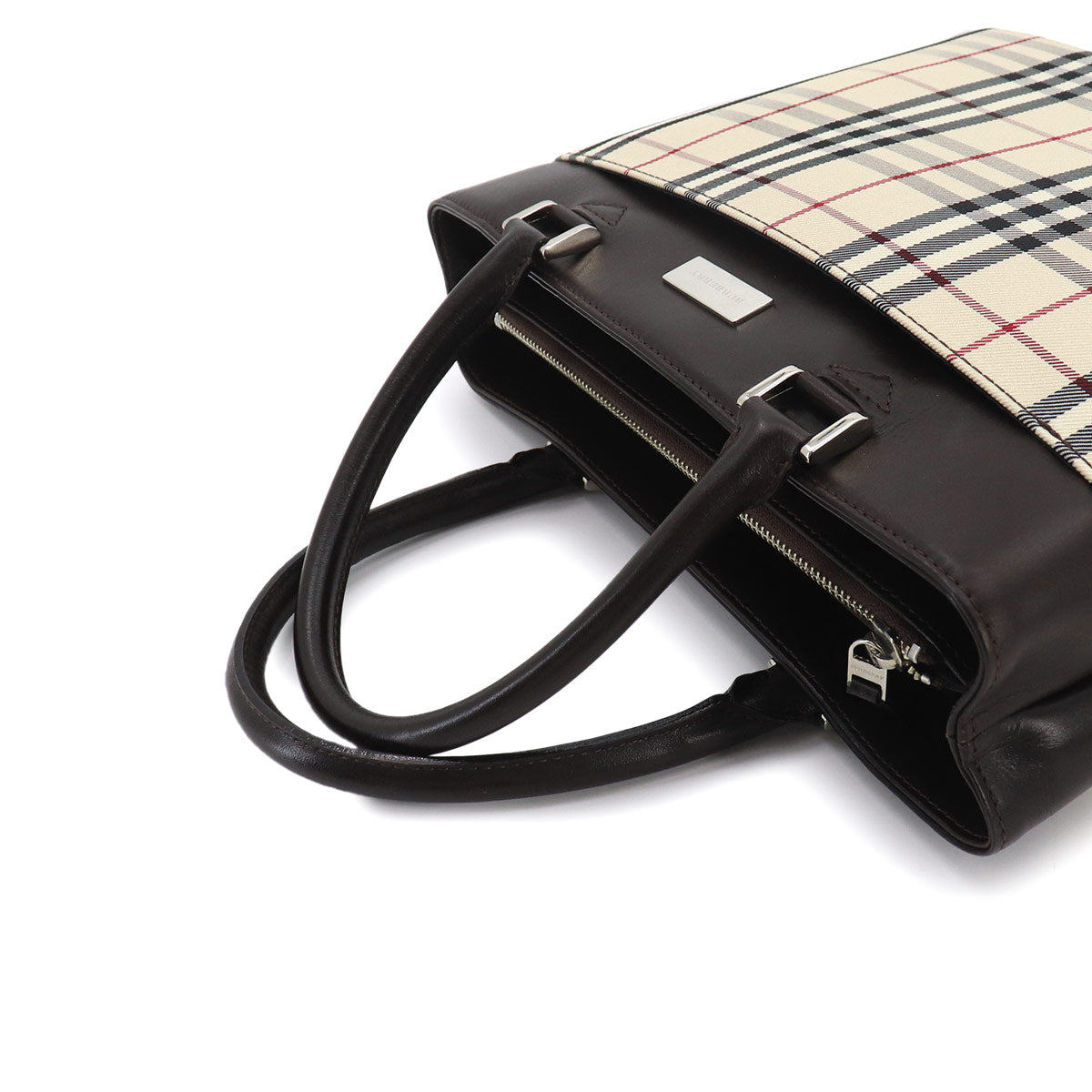 Plaid Tote Bag Canvas Leather Beige Brown Purse