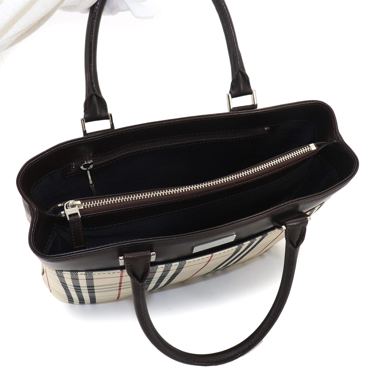 Plaid Tote Bag Canvas Leather Beige Brown Purse