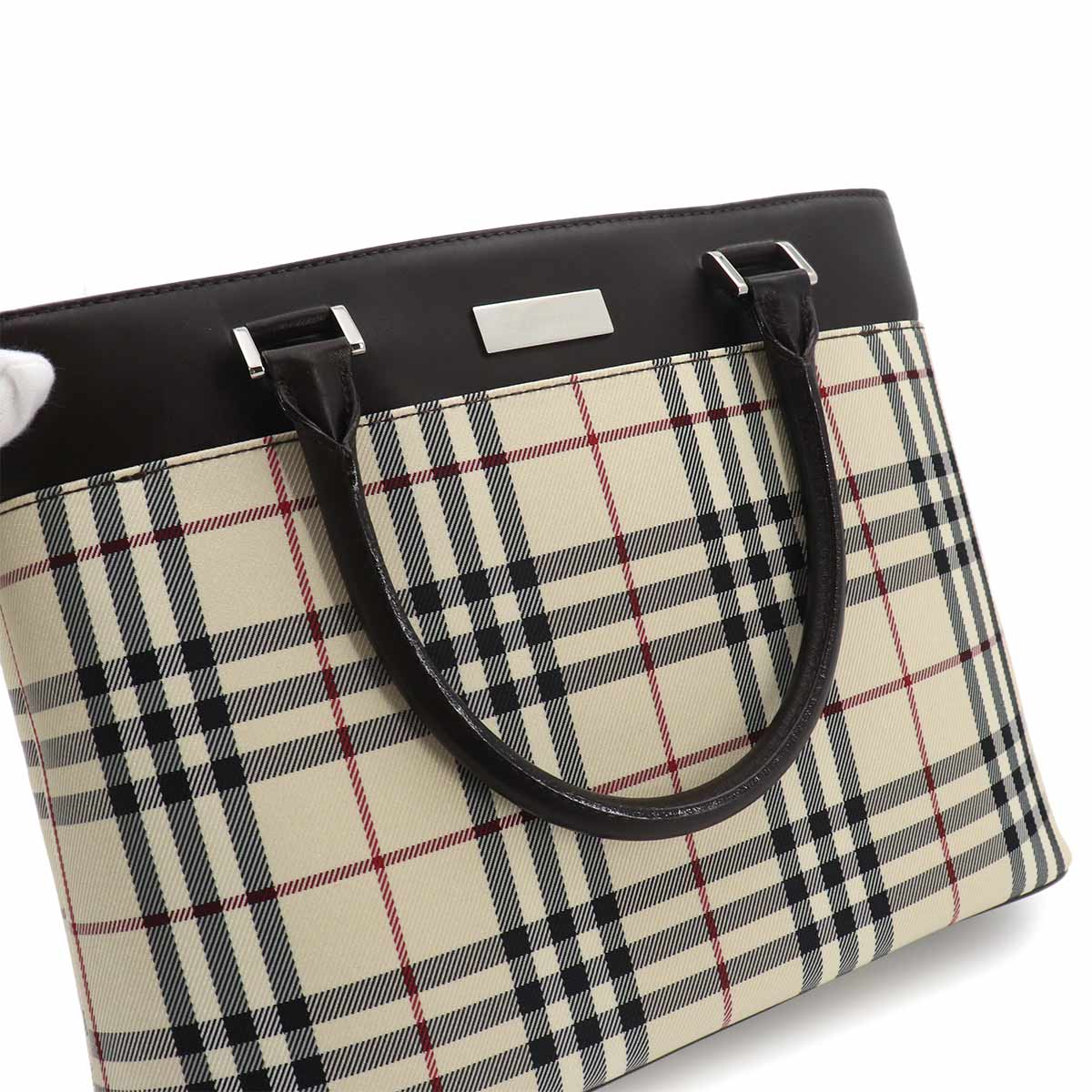 Plaid Tote Bag Canvas Leather Beige Brown Purse