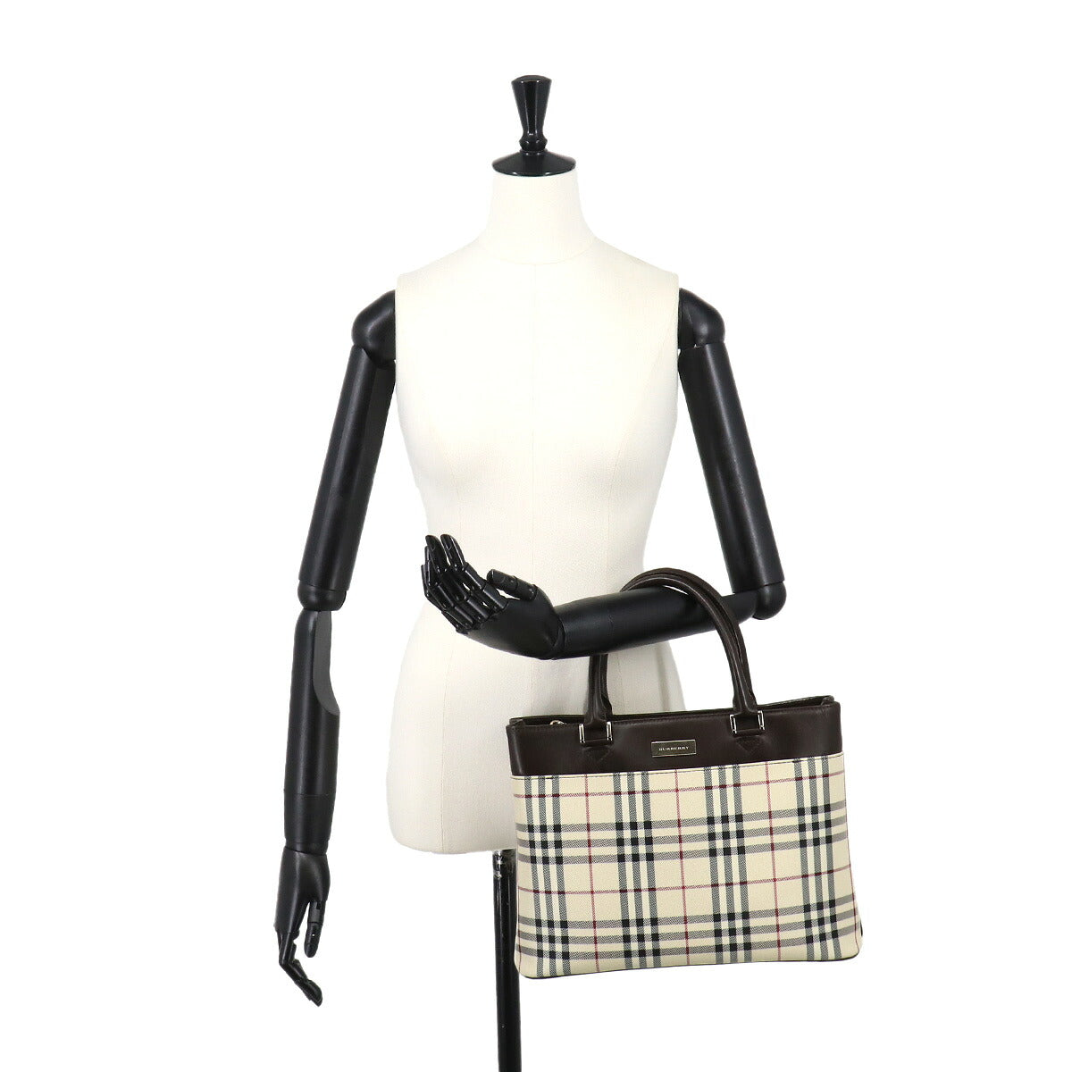 Plaid Tote Bag Canvas Leather Beige Brown Purse