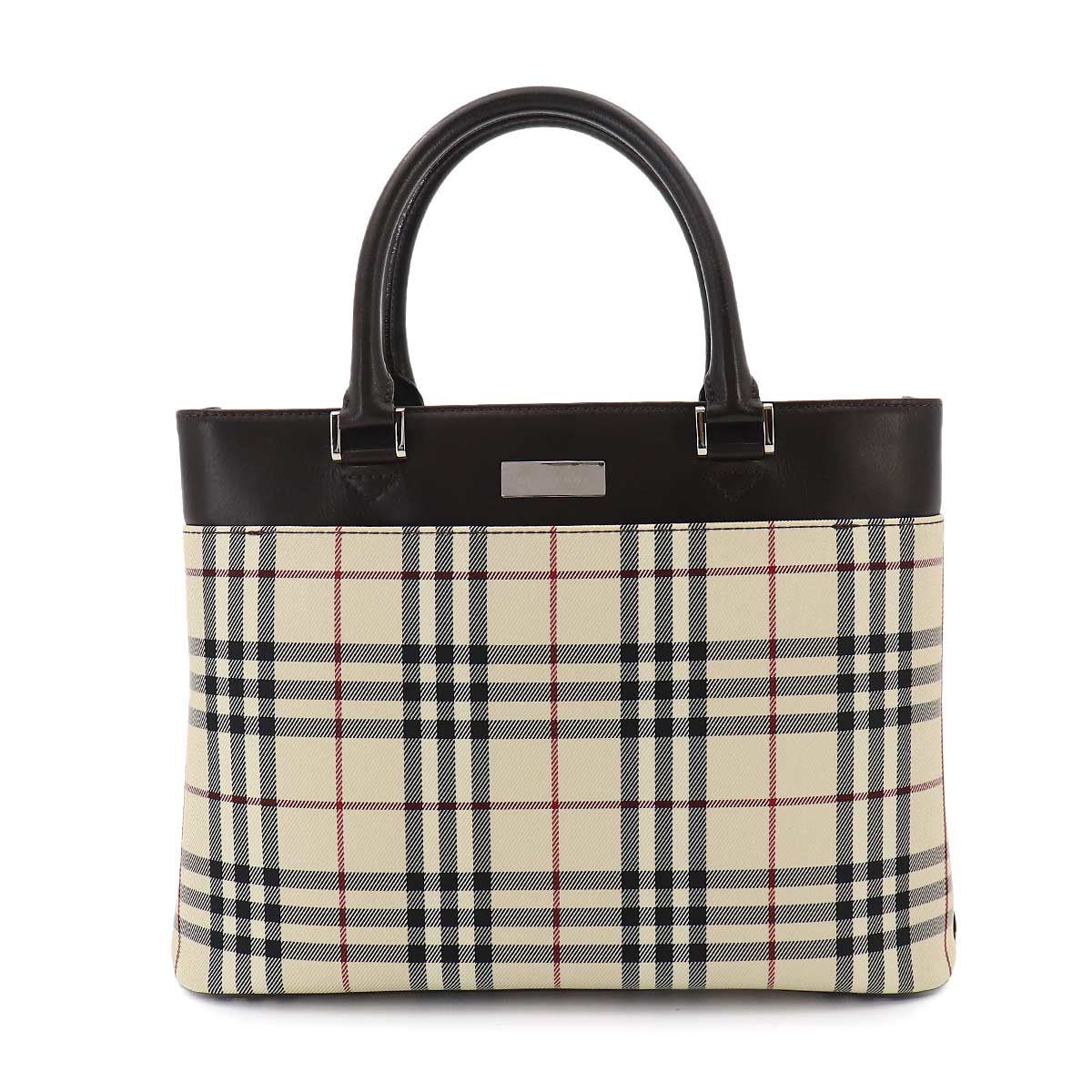 Plaid Tote Bag Canvas Leather Beige Brown Purse