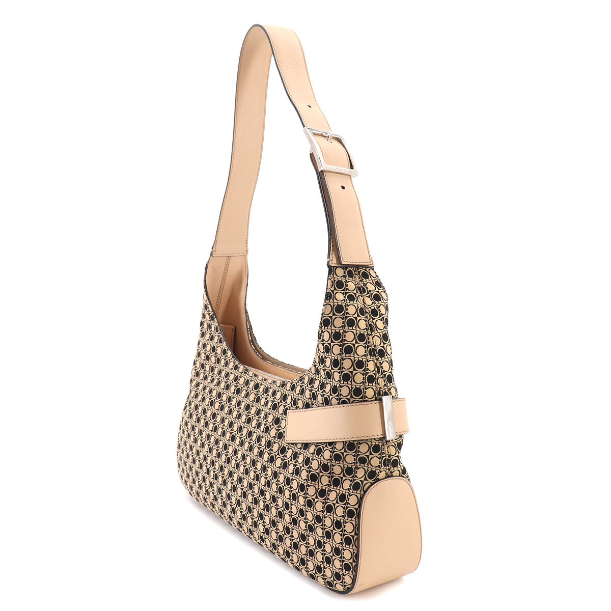 Gancini Shoulder Bag Canvas Leather Beige Black