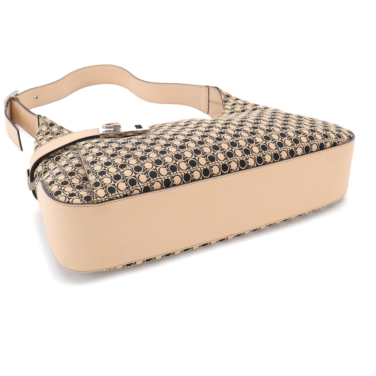 Gancini Shoulder Bag Canvas Leather Beige Black
