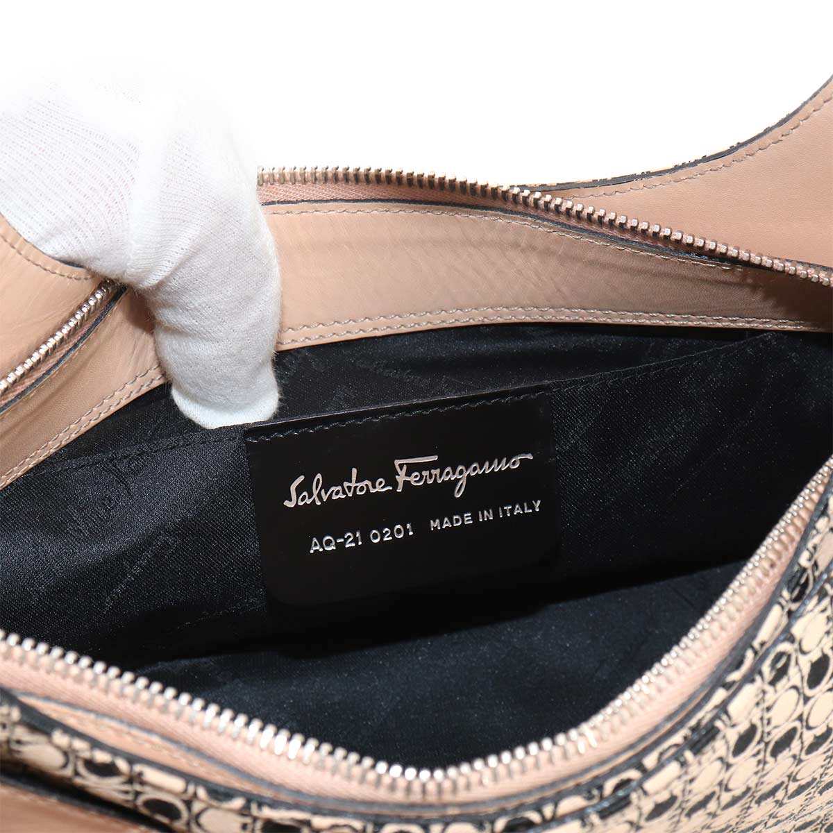 Gancini Shoulder Bag Canvas Leather Beige Black