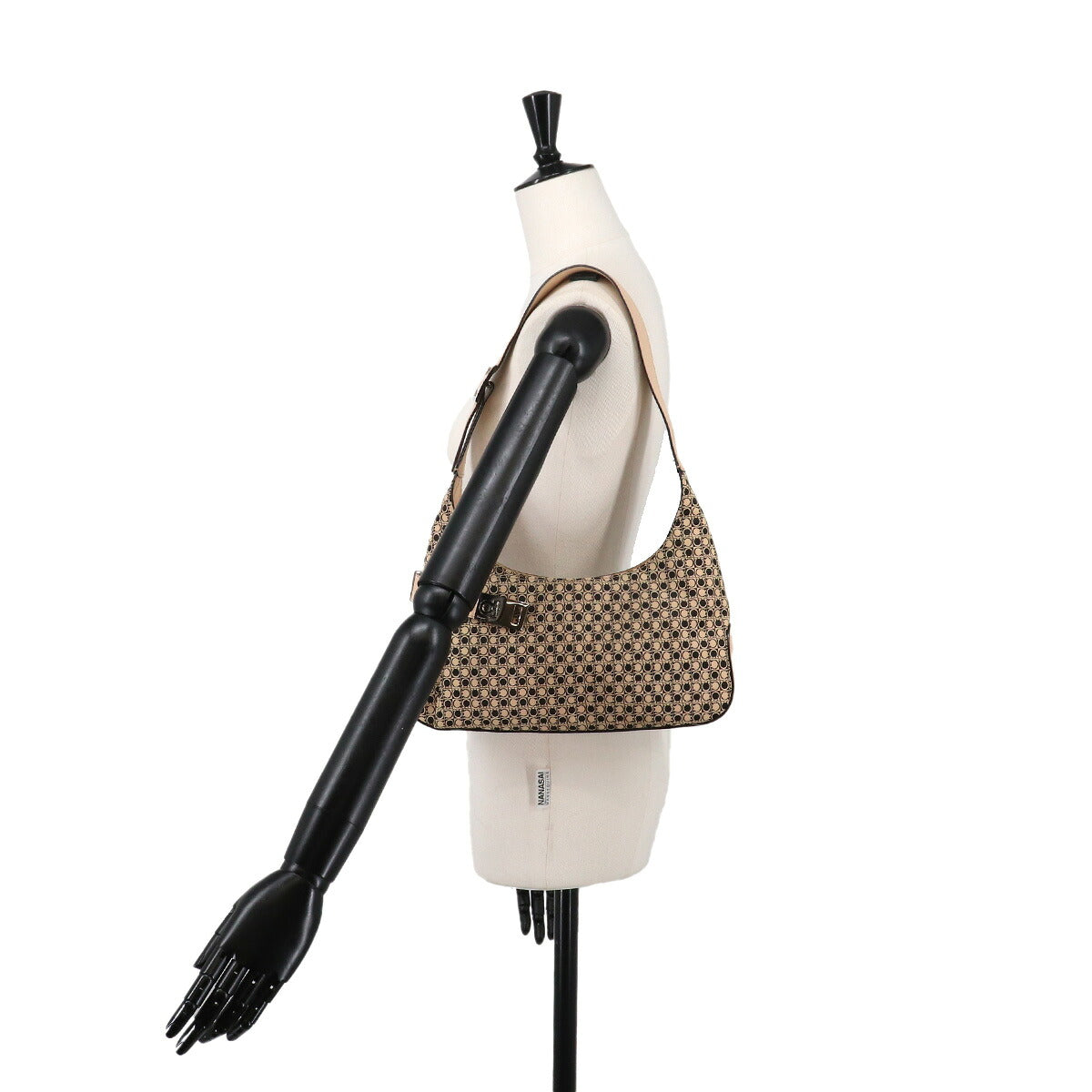 Gancini Shoulder Bag Canvas Leather Beige Black