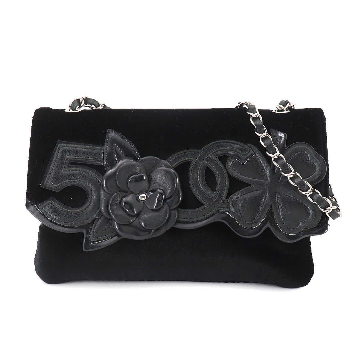 Icon Chain Shoulder Bag Velour Leather Black Vintage